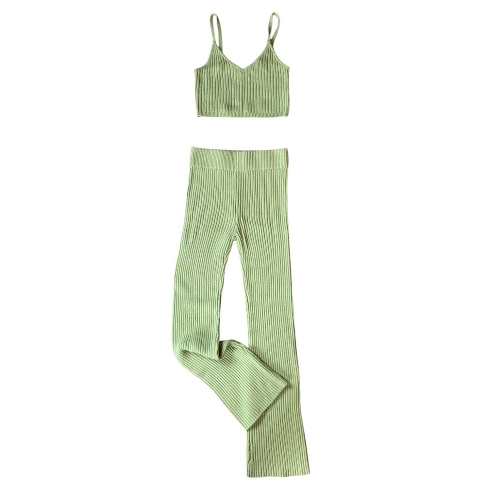 Wild Fable Green Sorbet 2 Pcs Sweater Knit Crop Top Flared Pant Set Size Small - Picture 2 of 5